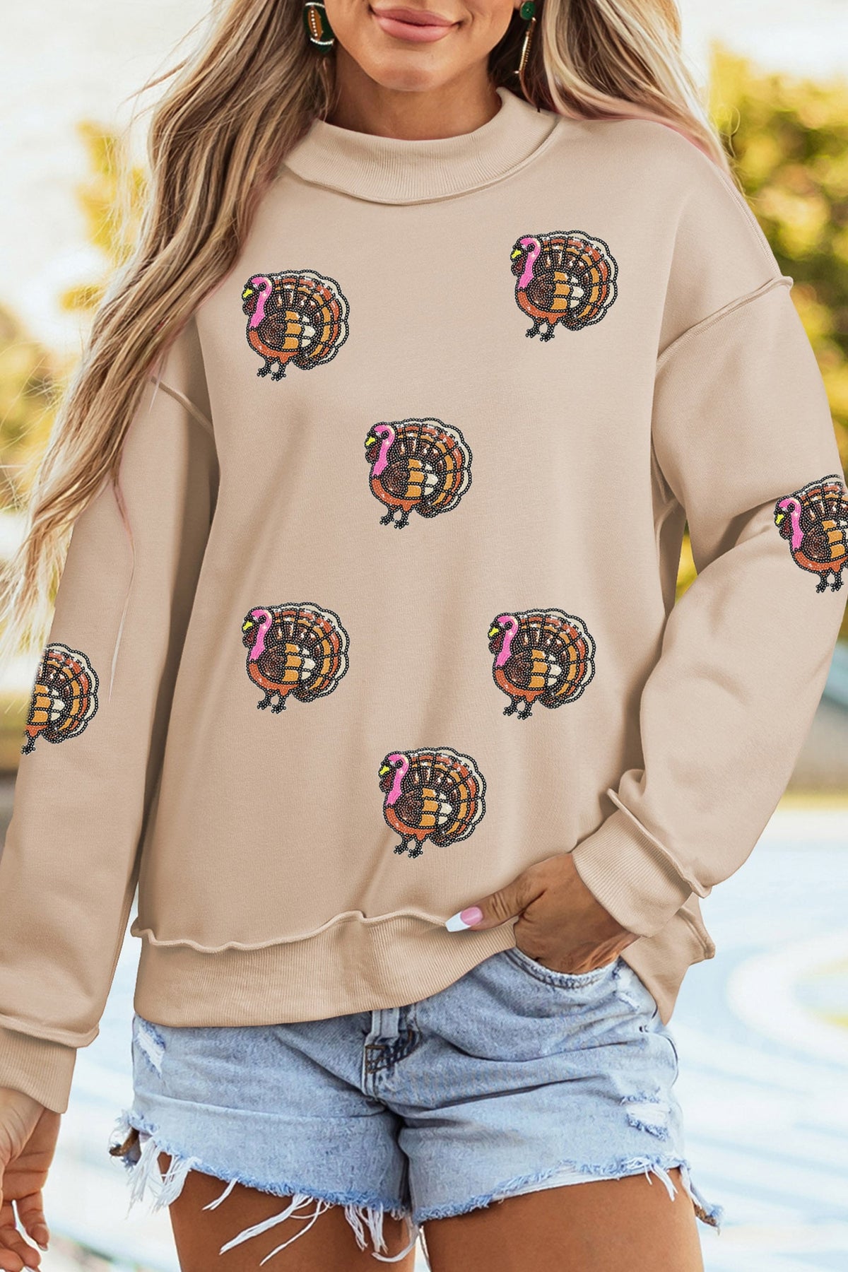 Apricot Sequin Turkey Exposed Mock Neck Baggy Pullover Sweatshirt