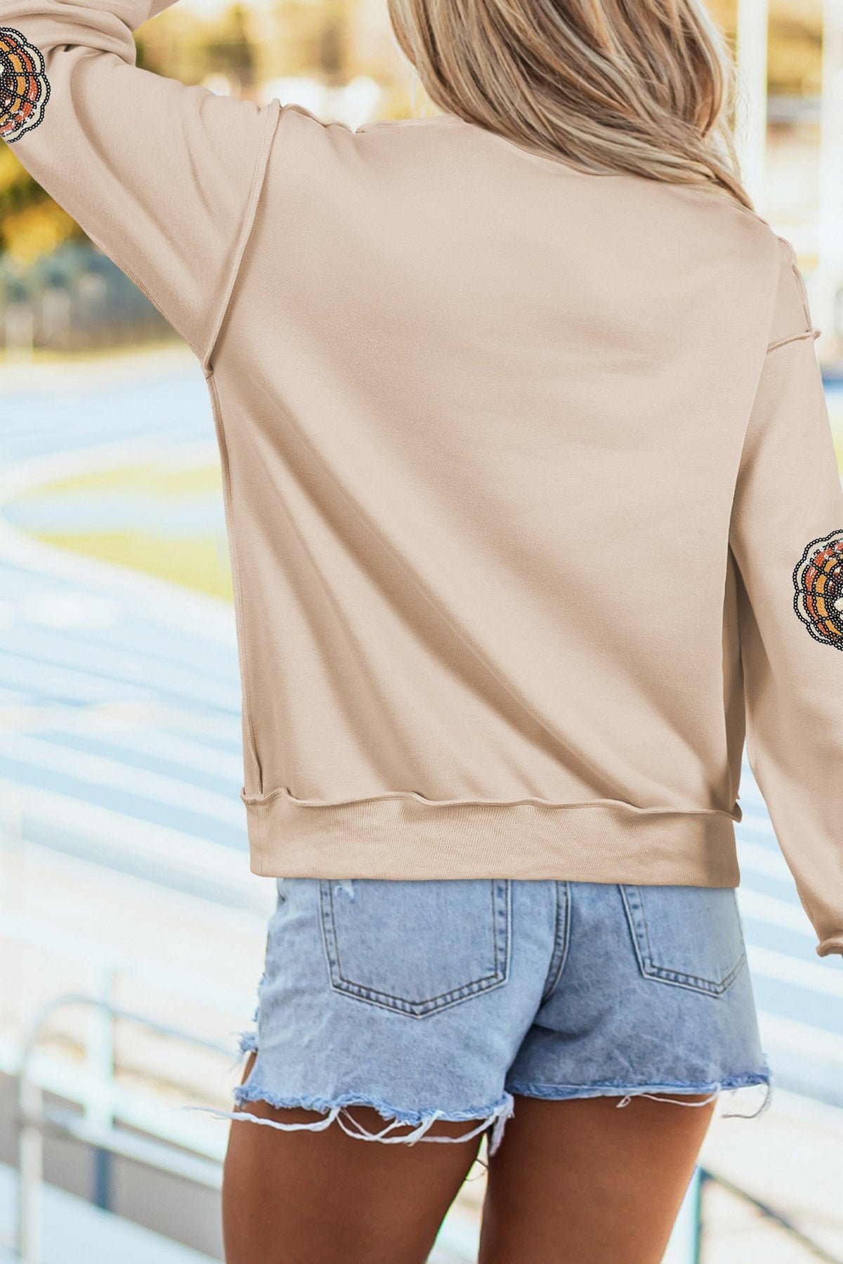 Apricot Sequin Turkey Exposed Mock Neck Baggy Pullover Sweatshirt