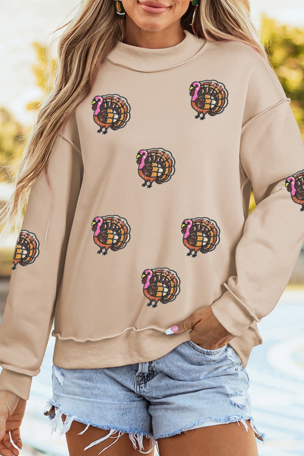 Apricot Sequin Turkey Exposed Mock Neck Baggy Pullover Sweatshirt