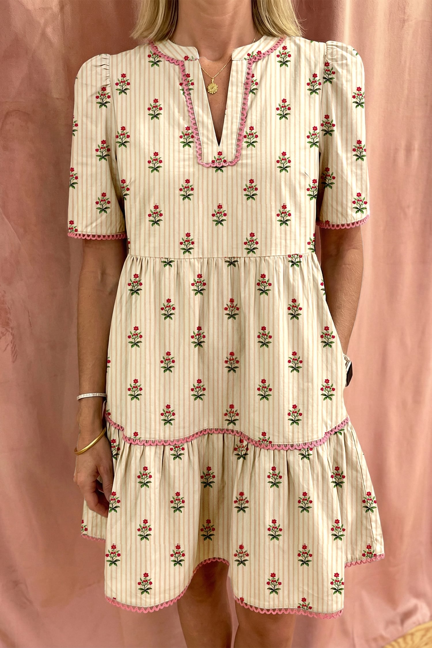 Apricot Striped Floral Print Contrast Detail Ruffle Hem Short Dress