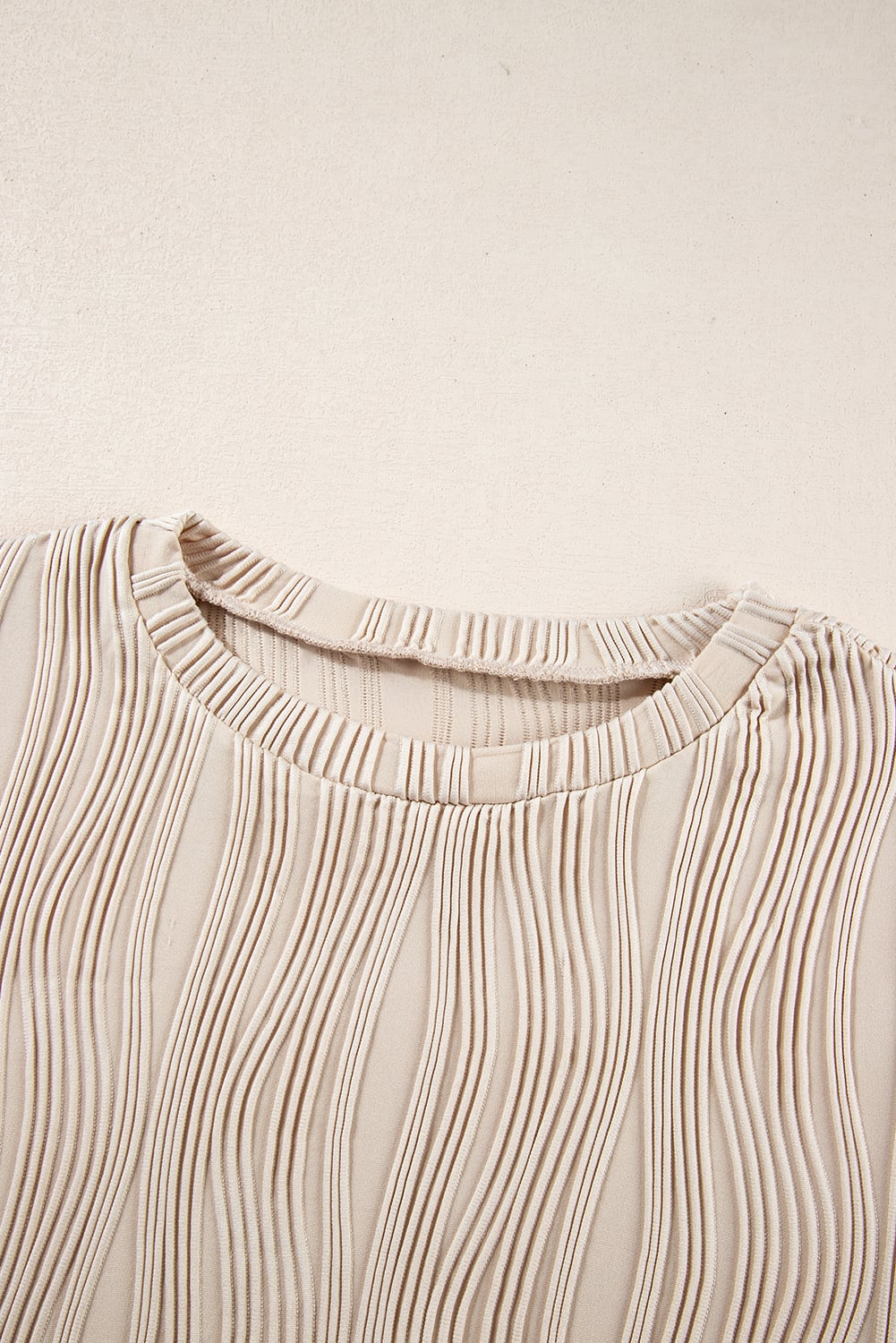 Apricot Textured Wavy Round Neck Long Sleeve Top