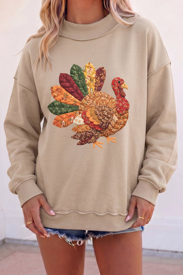 Apricot Thanksgiving Patchwork Turkey Graphic Mock Neck Sweatshirt