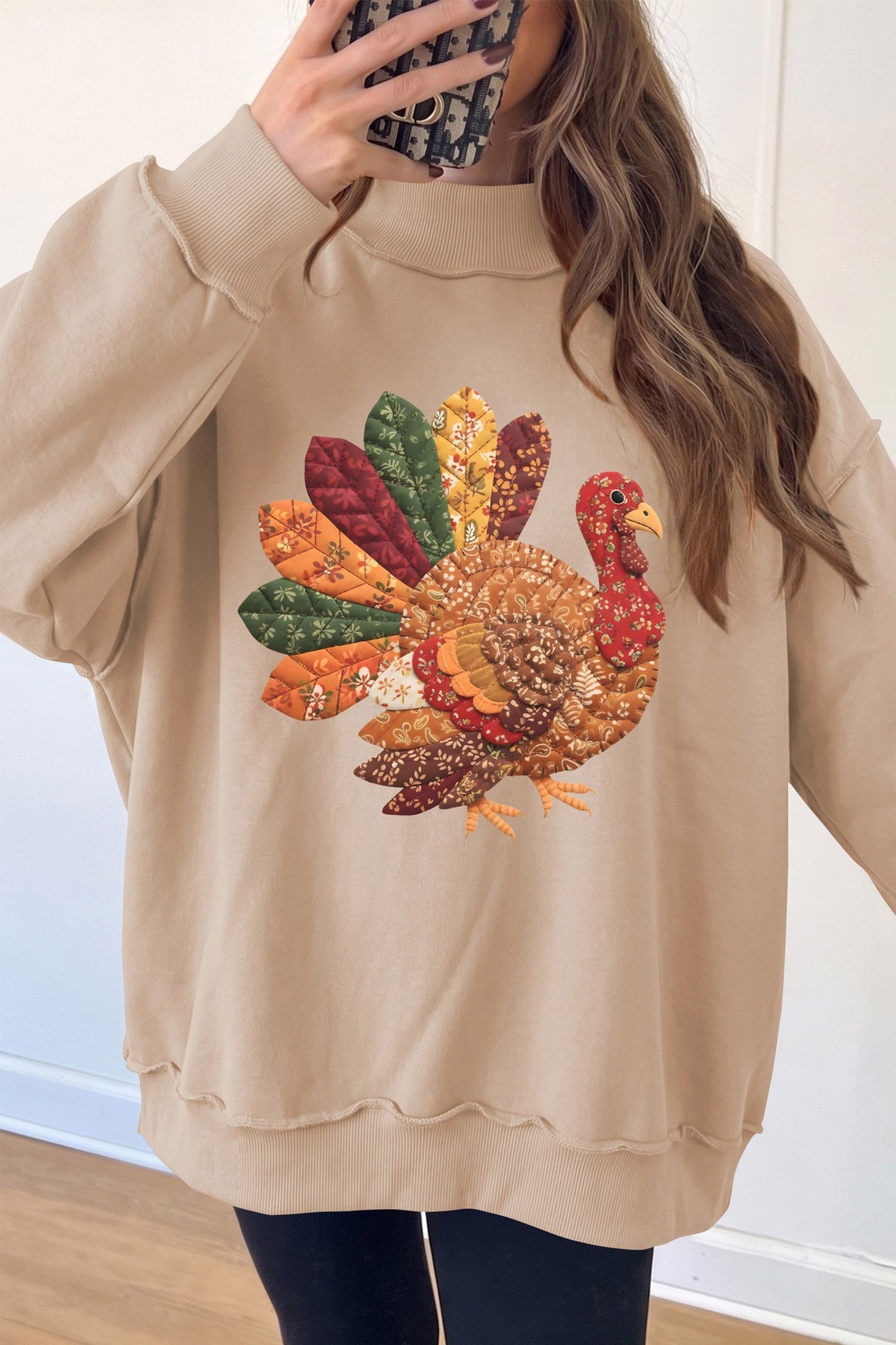 Apricot Thanksgiving Patchwork Turkey Graphic Mock Neck Sweatshirt