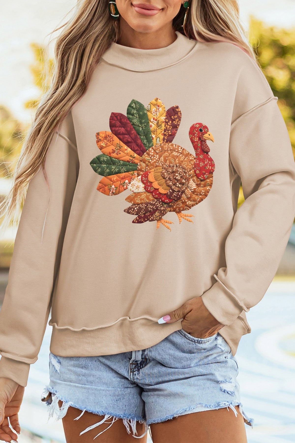 Apricot Thanksgiving Patchwork Turkey Graphic Mock Neck Sweatshirt