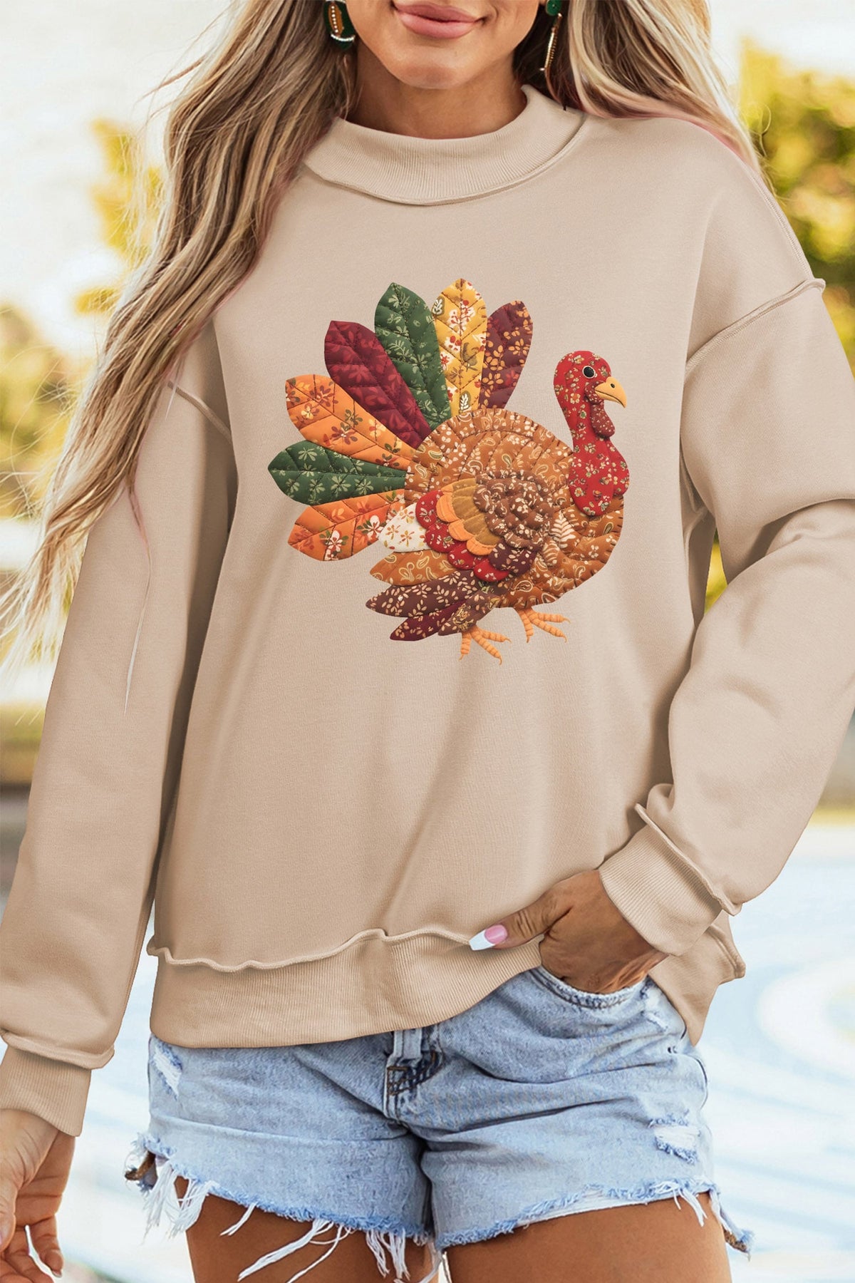 Apricot Thanksgiving Patchwork Turkey Graphic Mock Neck Sweatshirt