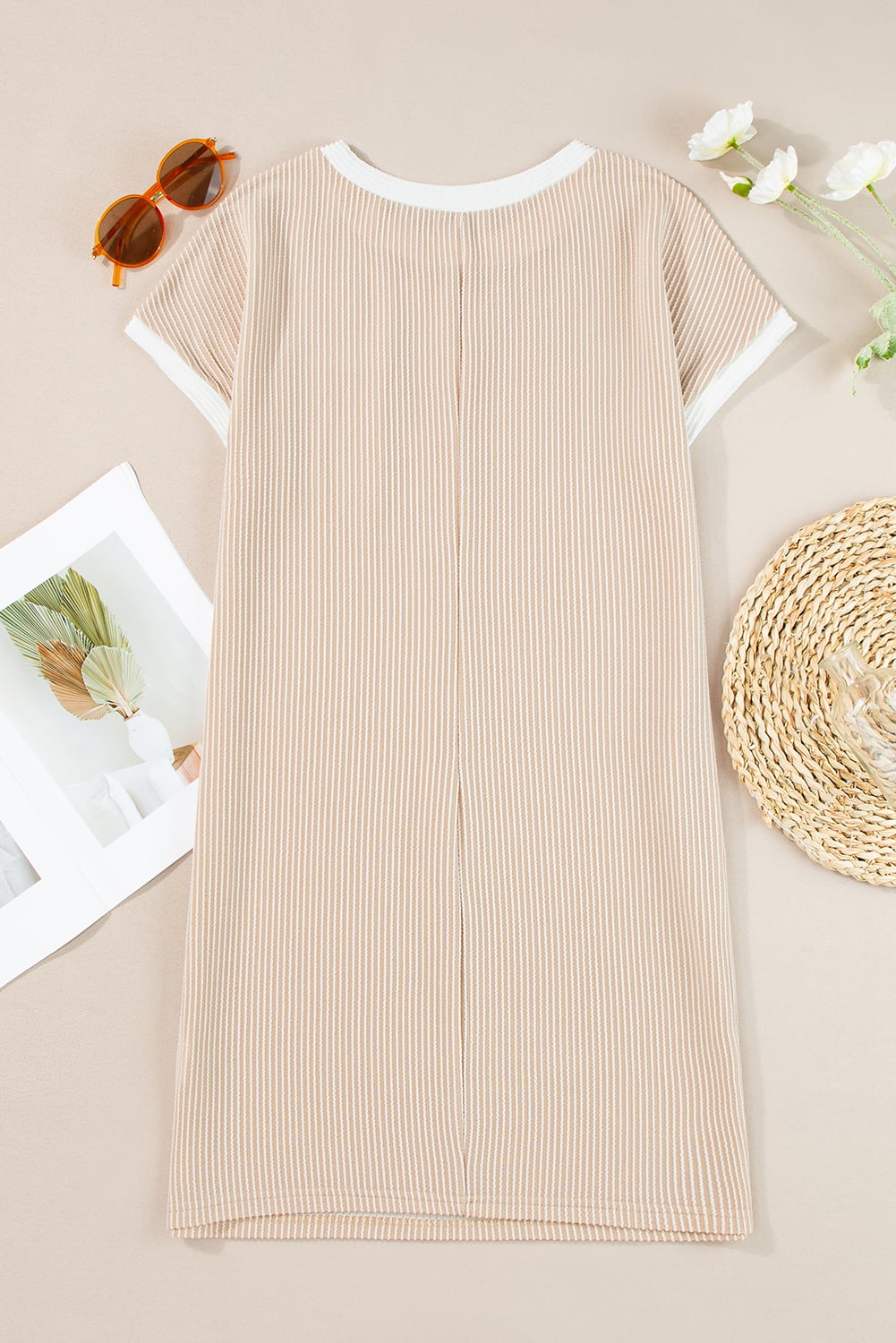 Apricot Twisted Ribbed Color Block Trim T Shirt Shift Dress