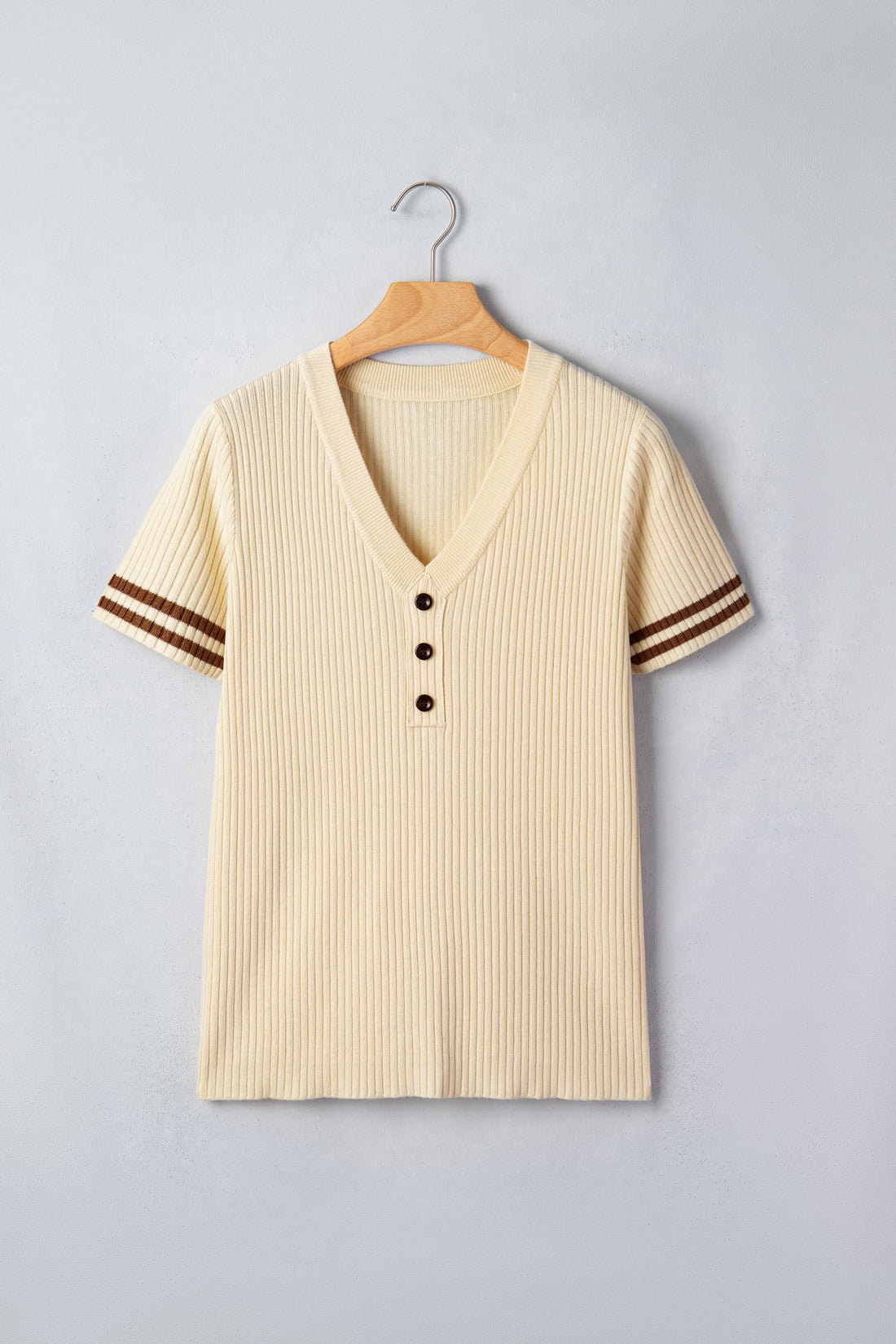 Apricot V Neck Ribbed Knit Striped Trim Short Sleeve Sweater