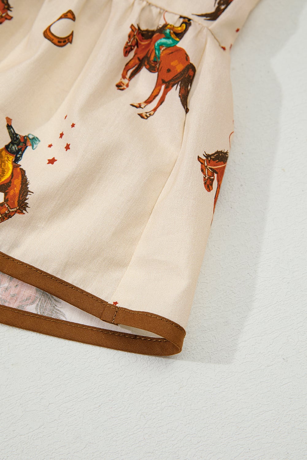 Apricot Western Rodeo Print Tied Front Puff Sleeve Peplum Top