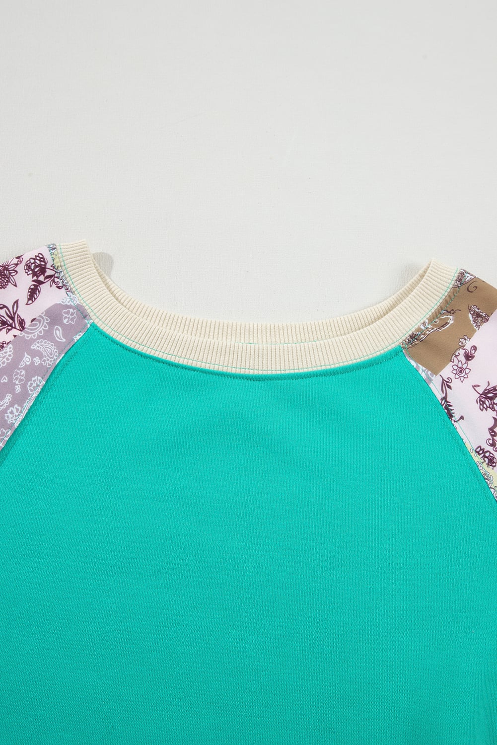 Aruba Blue Plaid Vintage Paisley Patchwork Long Sleeve Raglan Top