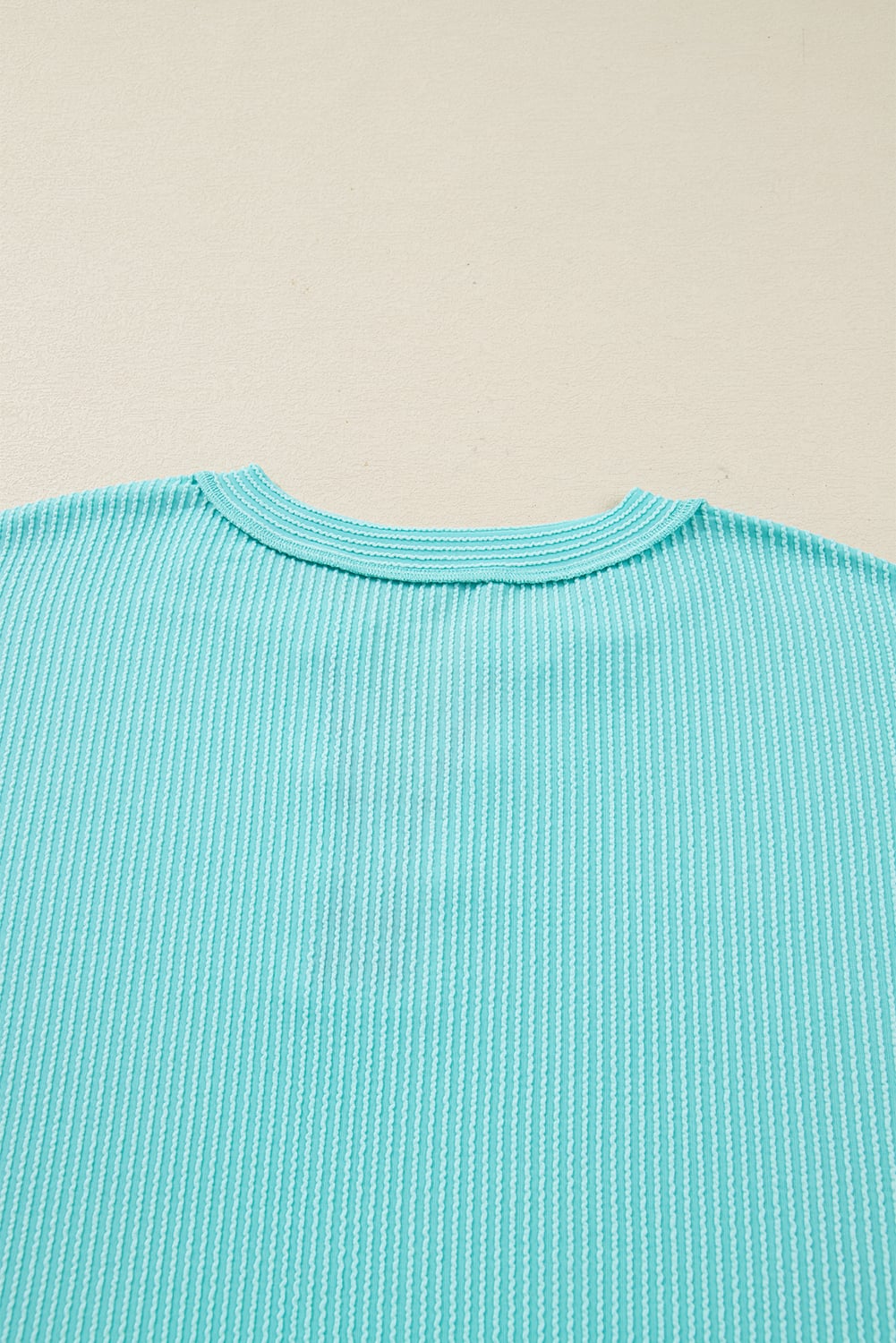 Aruba Blue Twist Ribbed Color Block Plaid Patchwork Plus Size Long Sleeve Top