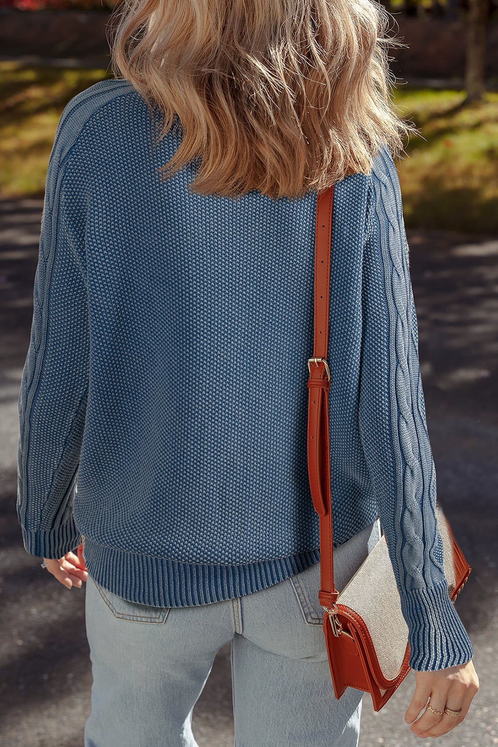 Ashleigh Blue Contrast Cable Knit Sleeve Casual Sweater