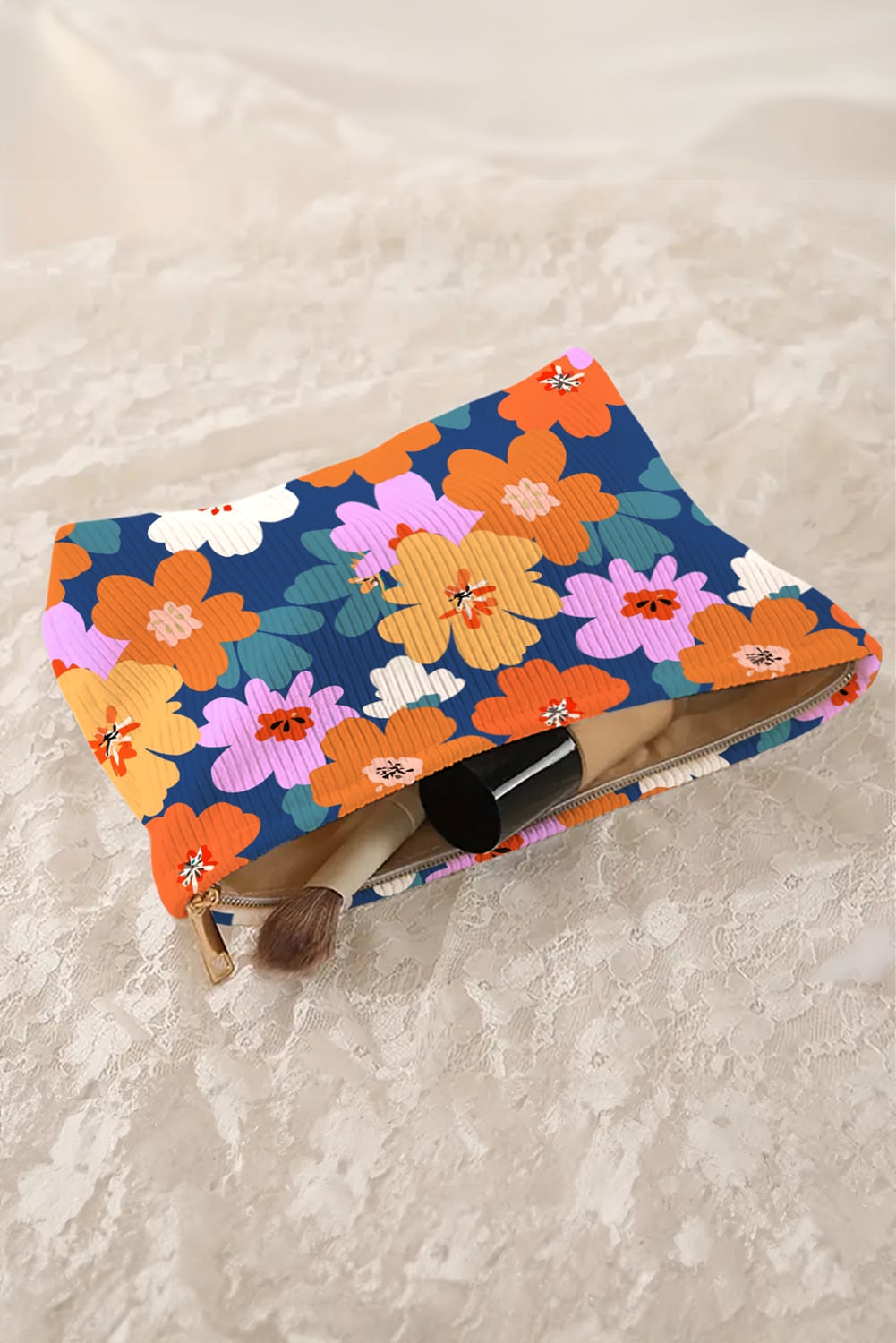 Ashleigh Blue Flower Print Zipper Corduroy Large Cosmetic Bag