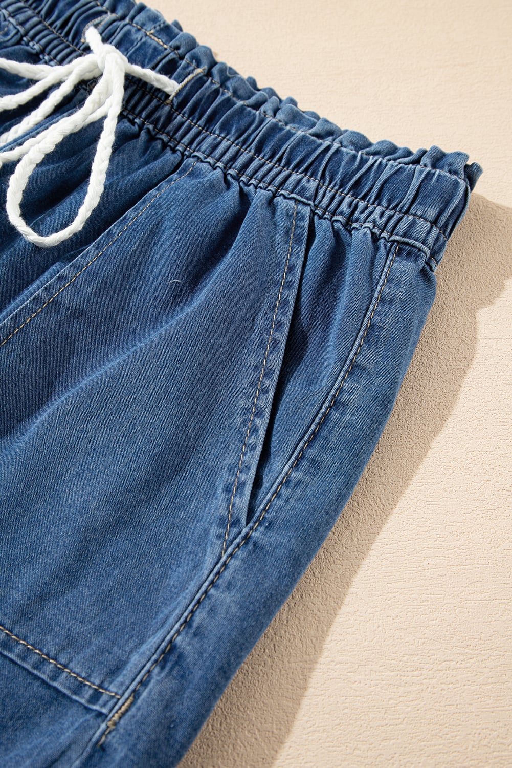Ashleigh Blue Raw Hem Drawstring Elastic Waistband Denim Shorts with Pockets