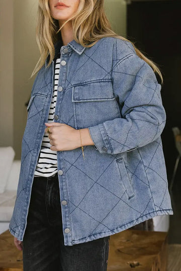 Ashleigh Blue Rhombus Stitched Pattern Button Pocketed Denim Jacket