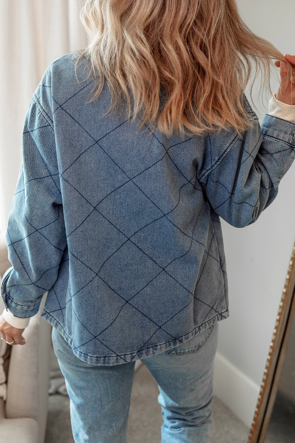 Ashleigh Blue Rhombus Stitched Pattern Button Pocketed Denim Jacket