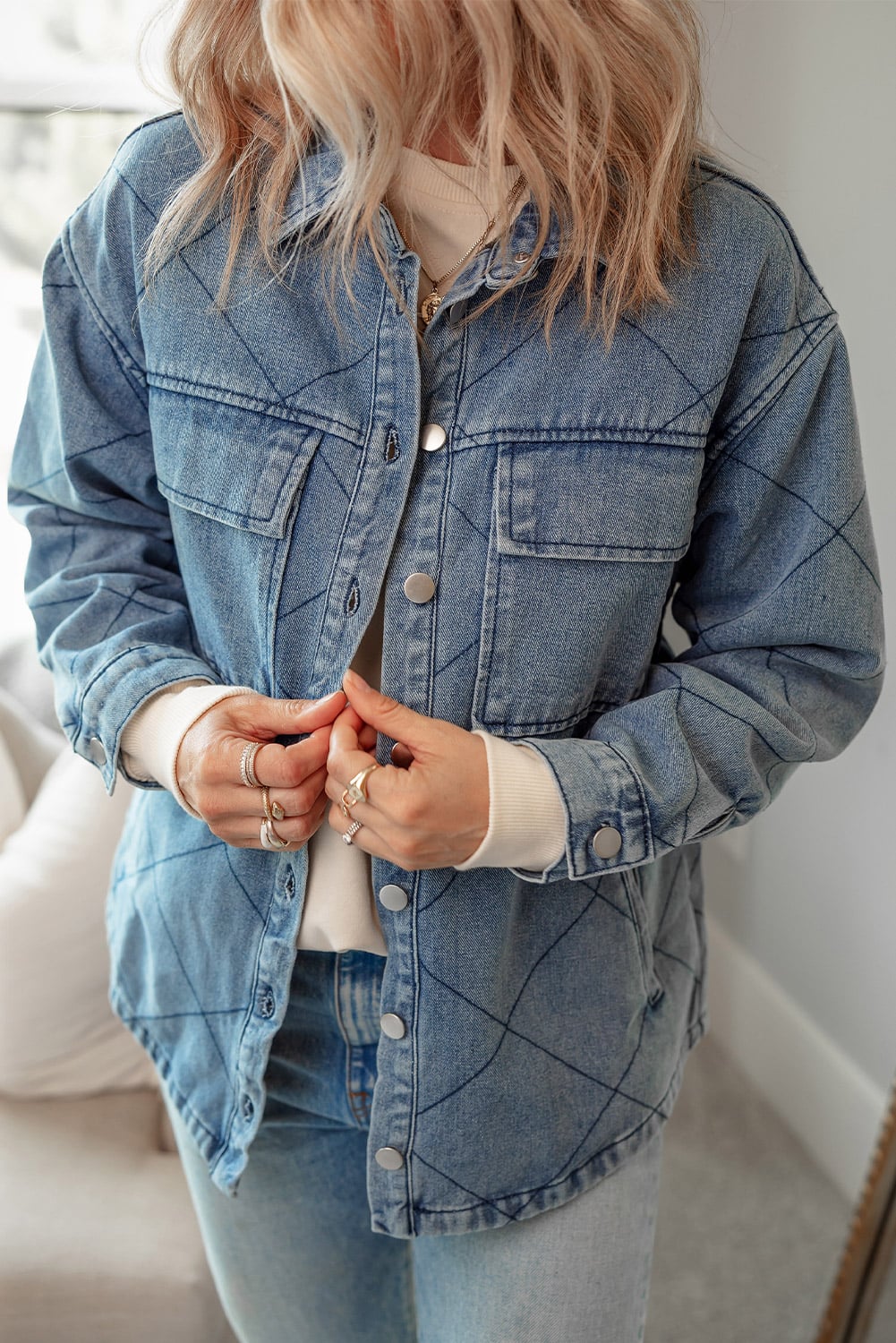 Ashleigh Blue Rhombus Stitched Pattern Button Pocketed Denim Jacket