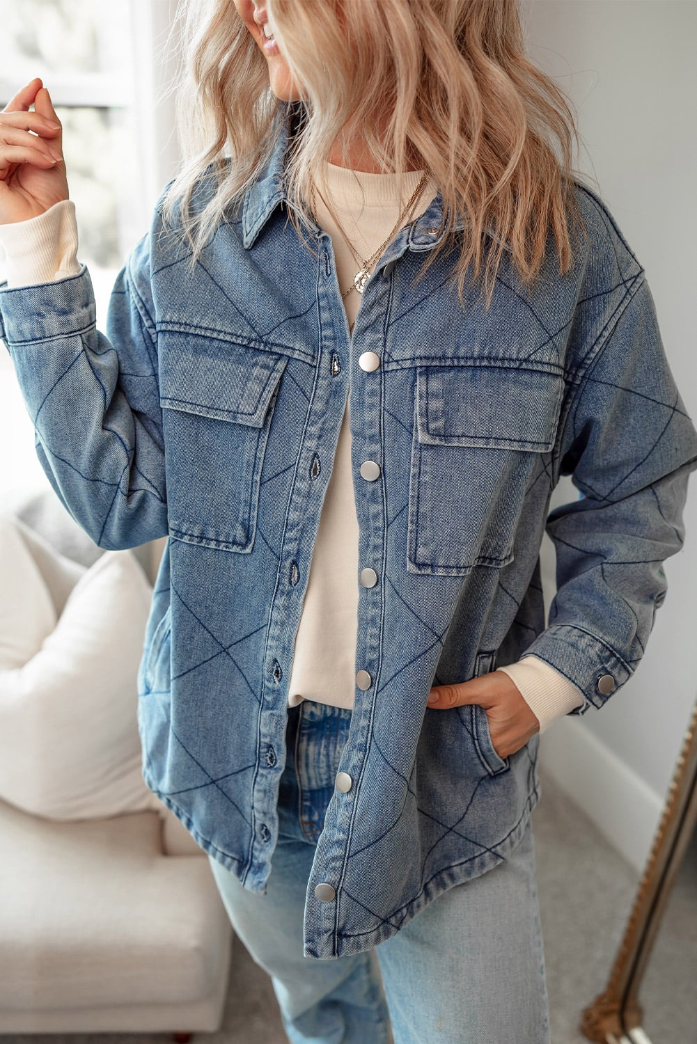 Ashleigh Blue Rhombus Stitched Pattern Button Pocketed Denim Jacket