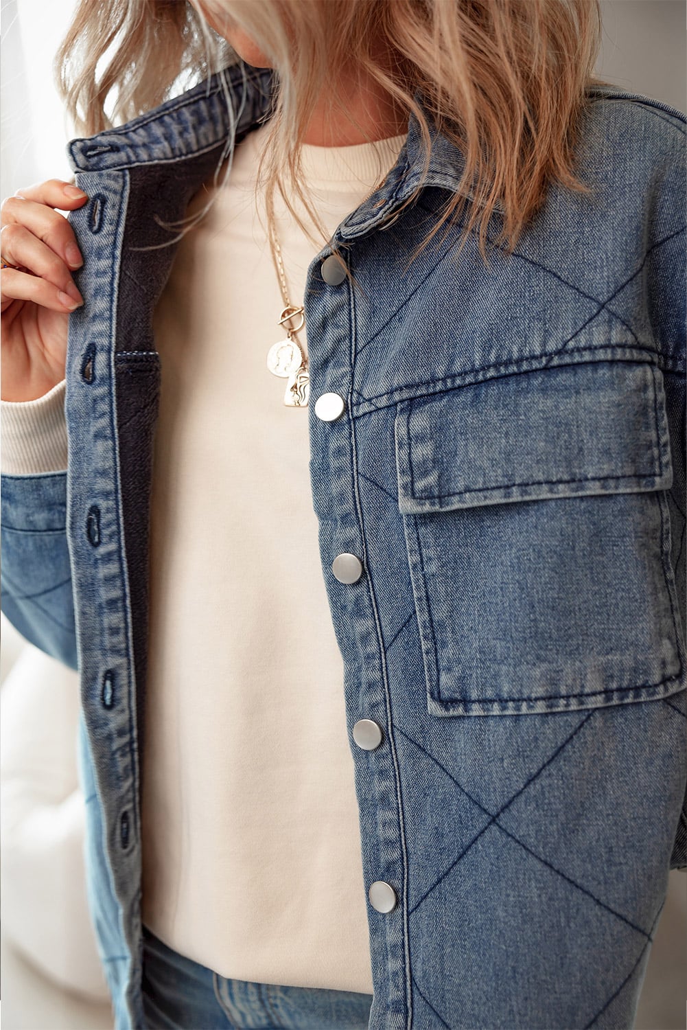 Ashleigh Blue Rhombus Stitched Pattern Button Pocketed Denim Jacket