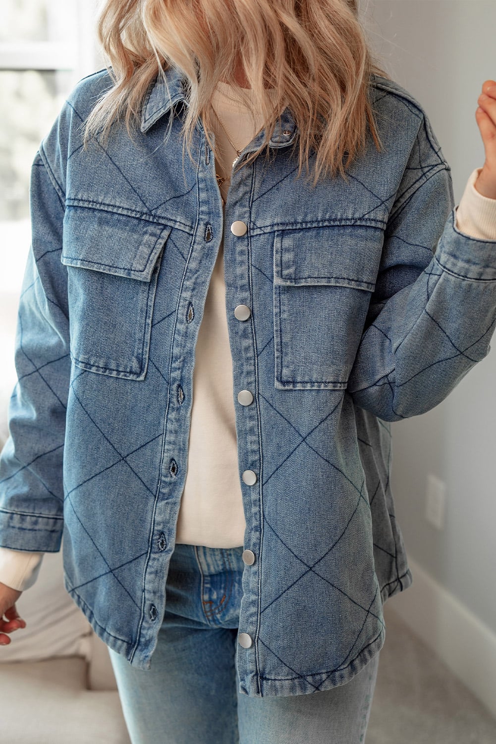 Ashleigh Blue Rhombus Stitched Pattern Button Pocketed Denim Jacket