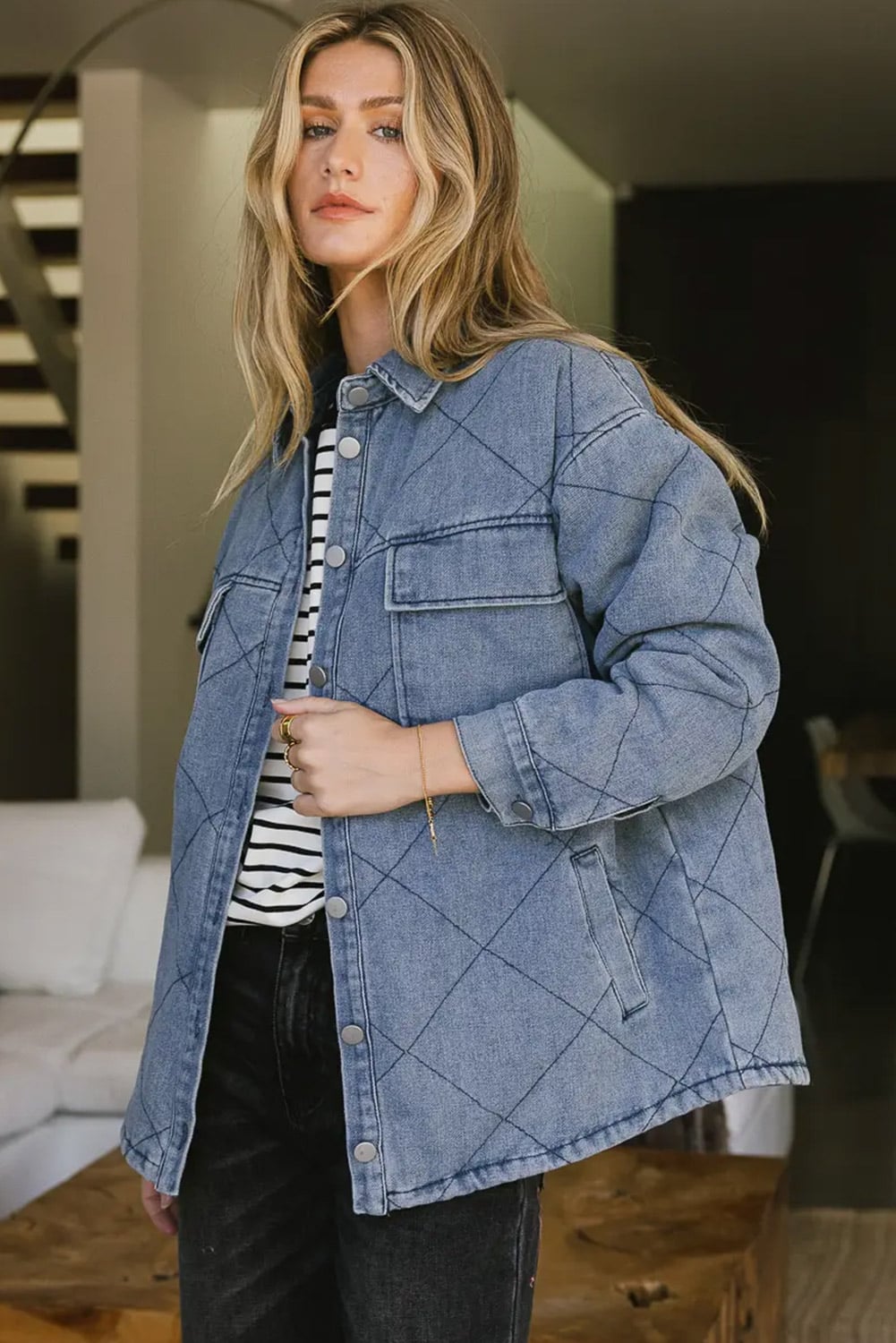 Ashleigh Blue Rhombus Stitched Pattern Button Pocketed Denim Jacket