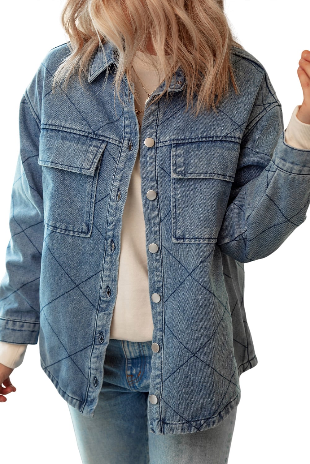 Ashleigh Blue Rhombus Stitched Pattern Button Pocketed Denim Jacket