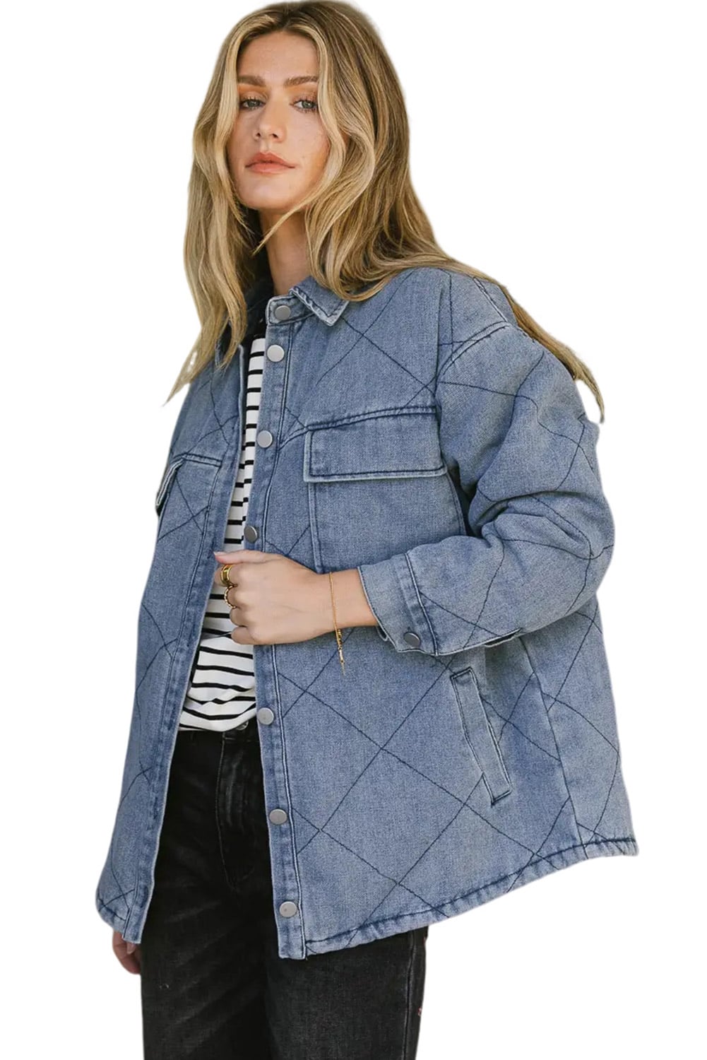Ashleigh Blue Rhombus Stitched Pattern Button Pocketed Denim Jacket