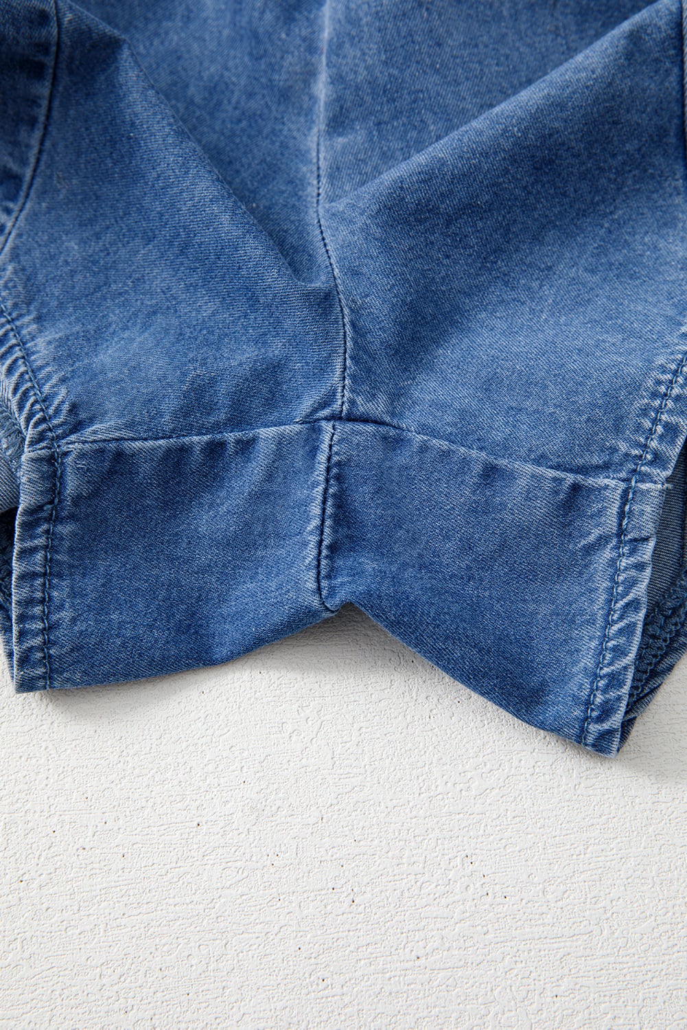 Ashleigh Blue Spaghetti Straps V Neck Belted Ruffled Leg Chambray Romper