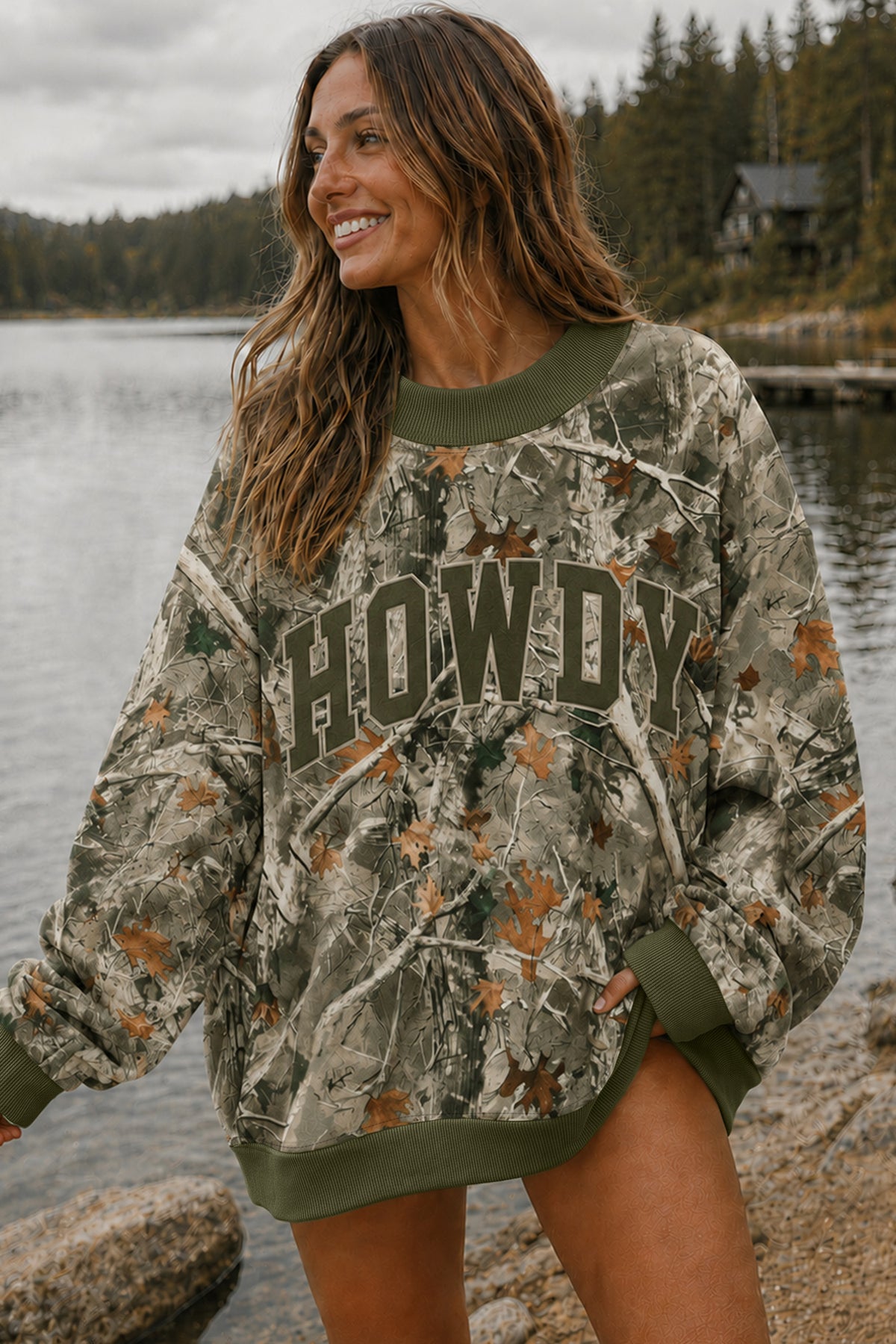 Green Western Camo Print Baggy Pullover Sweatshirt