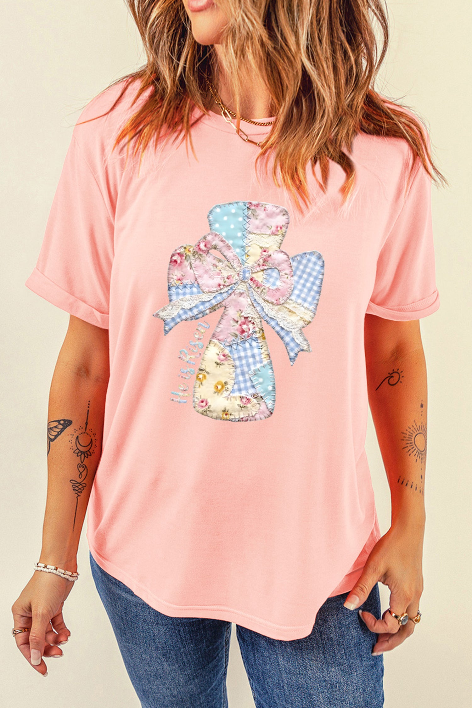 Pink He is Risen Patchwork Bow Cross Printed T Shirt