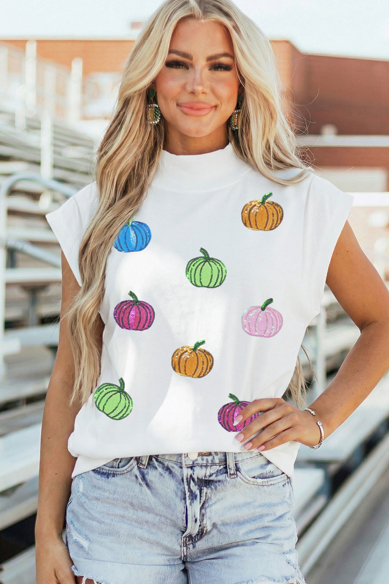 White Sequin Pumpkin Pattern Mock Neck Cap Sleeve Top