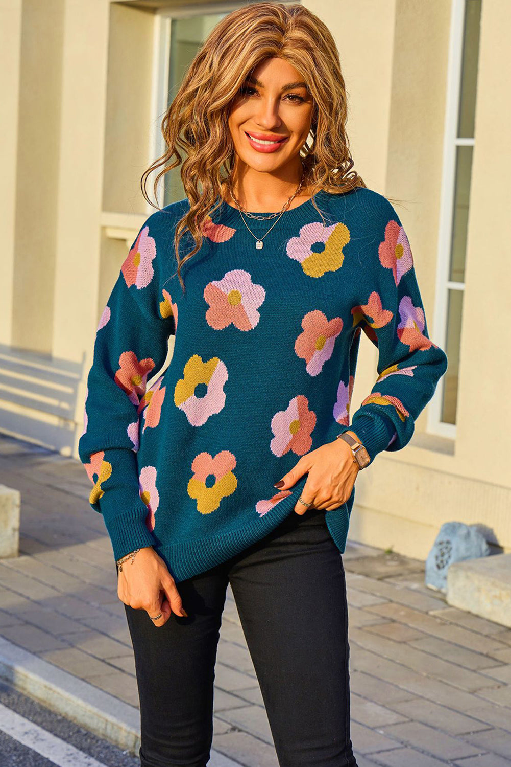 Blue Color Block Flower Cute Pattern Drop Shoulder Bulk Sweater