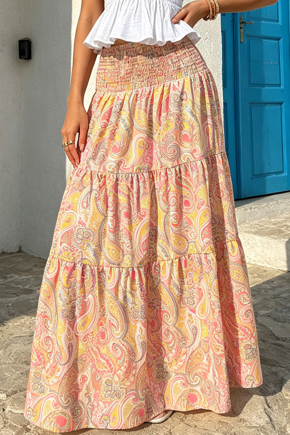 Gossamer Pink Boho Vintage Paisley Print Tiered Long Skirt