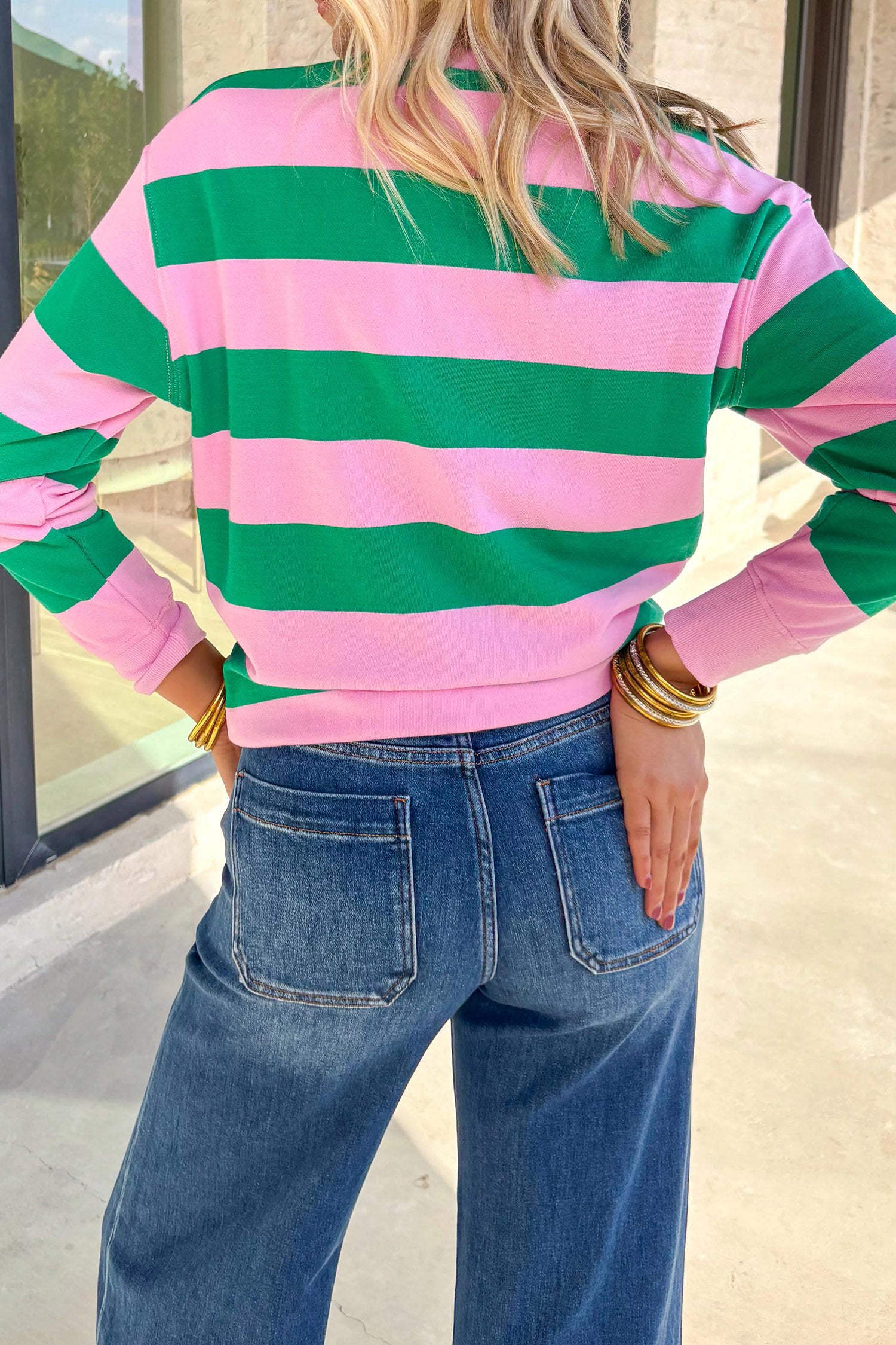 Green Stripe holly jolly Letter Embroidered Pullover Sweatshirt