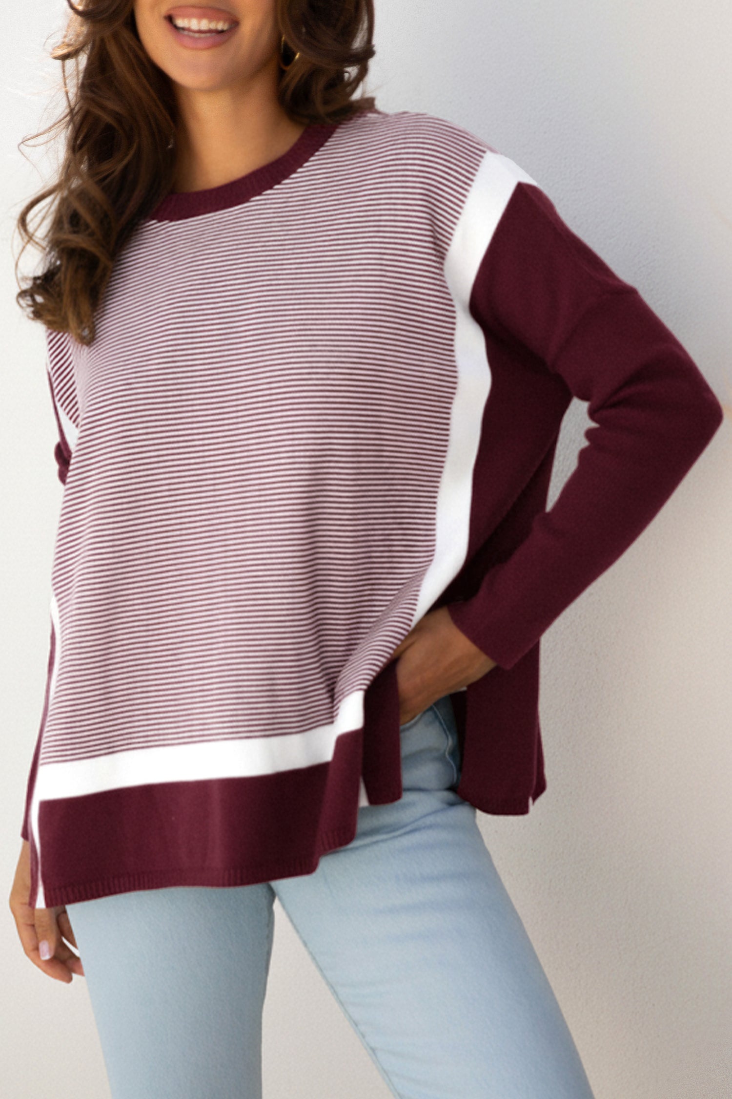 Red Stripe Color Block Patchwork Dolman Oversize Tunic Sweater