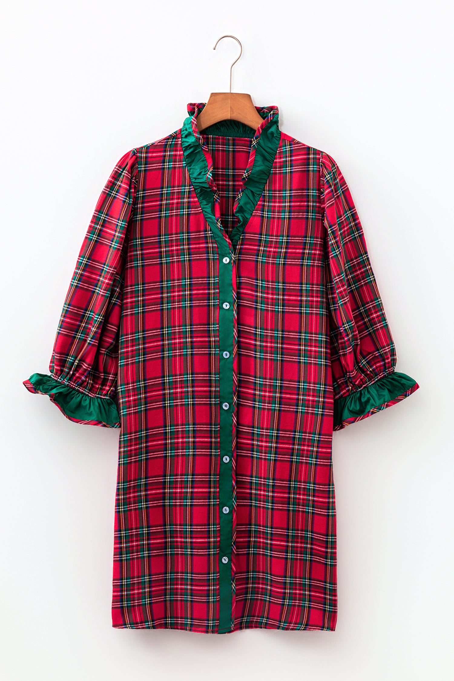 Red Plaid Ruffle Cuff Button Front Pocket Mini Dress