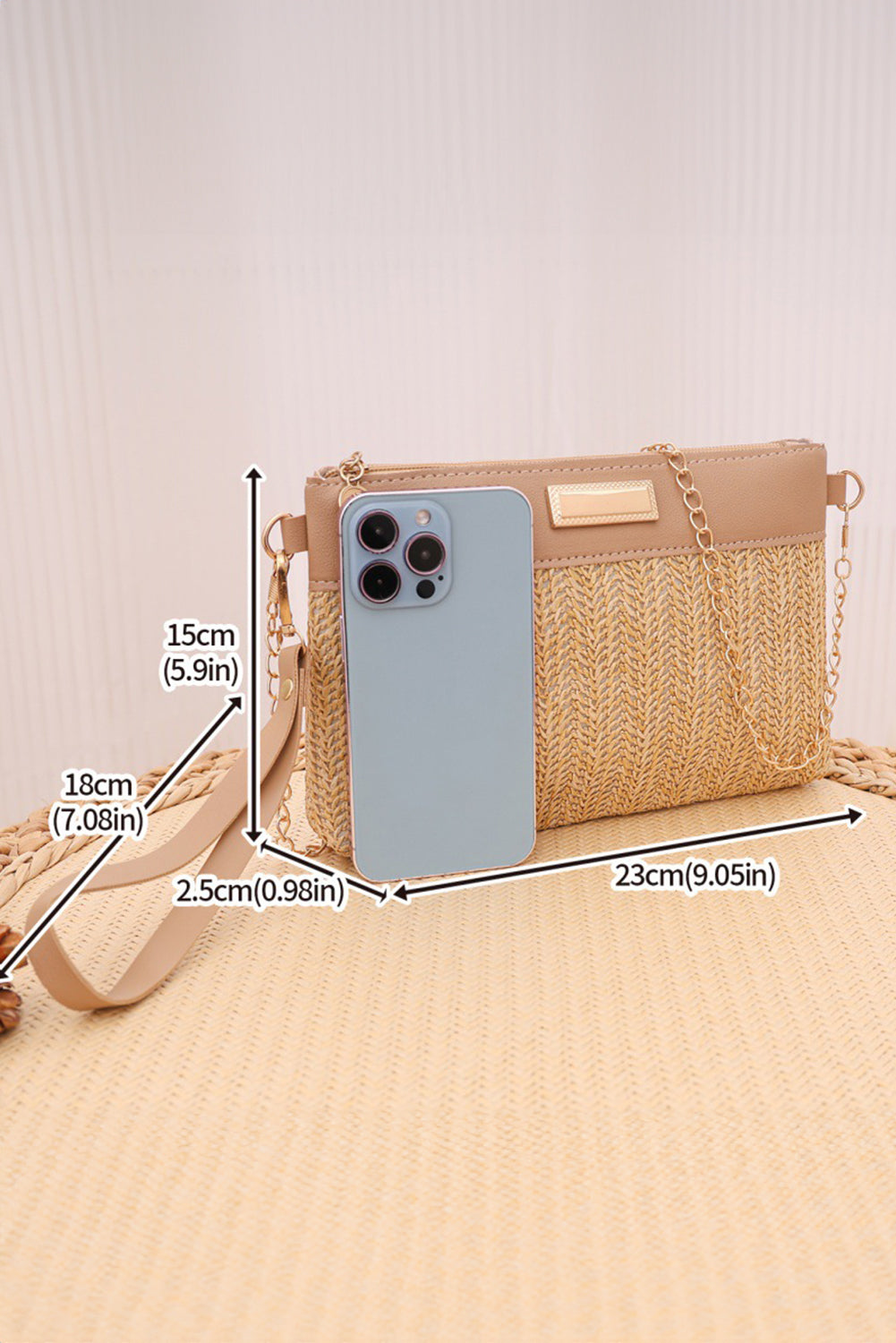 Light French Beige PU Leather Patchwork Faux Straw Woven Single Shoulder Bag