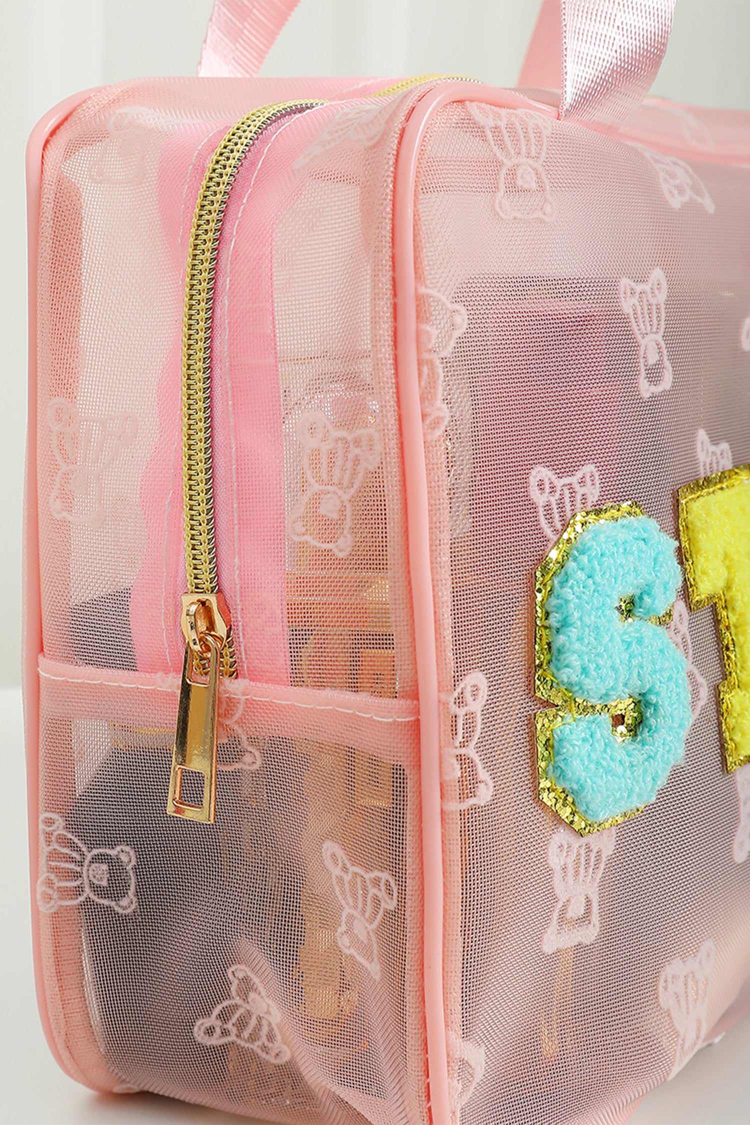 Pink STUFF Chenille Letter Patched Teddy Bear Mesh Lightweight Makeup Bag