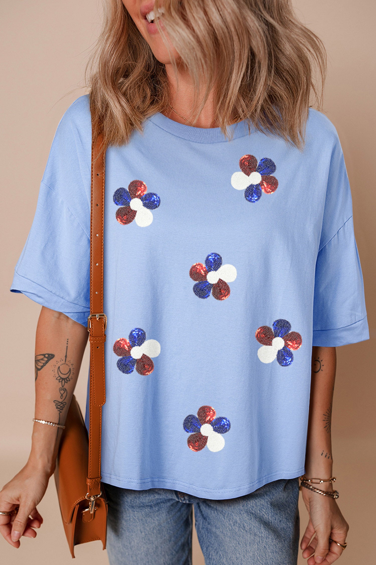 Myosotis Patriotic Sequin Flower Half Sleeve Loose Tee