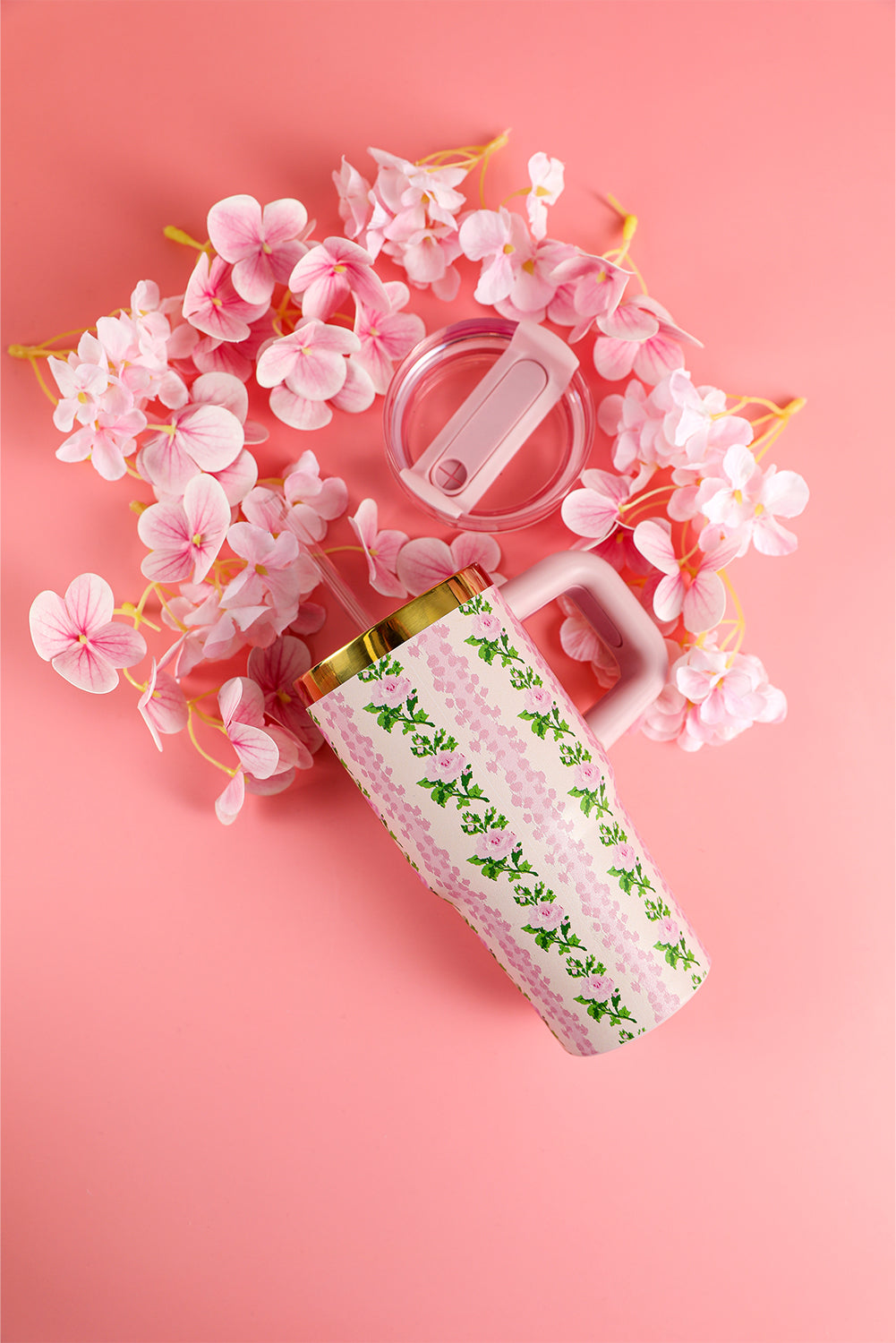 Pink 14/20 OZ Dainty Floral Print Stainless Steel Tumbler with Straw