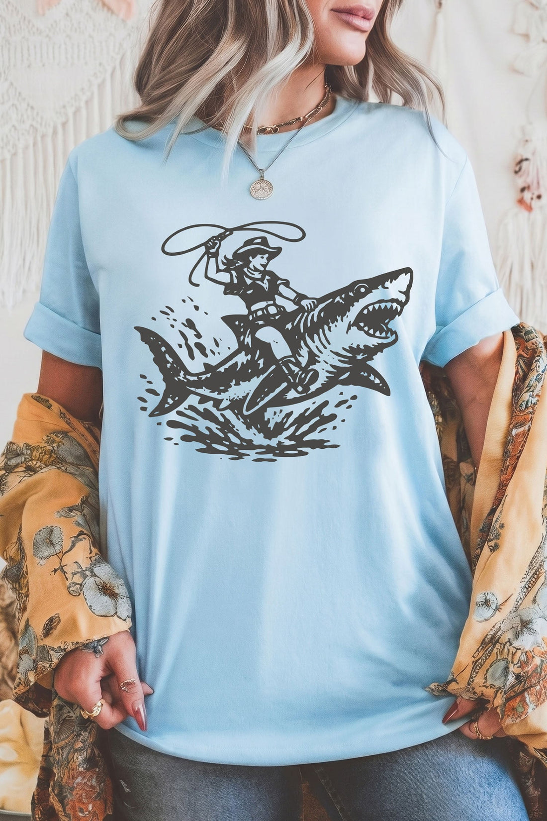 Light Blue Western Print Shark Cowboy T Shirt