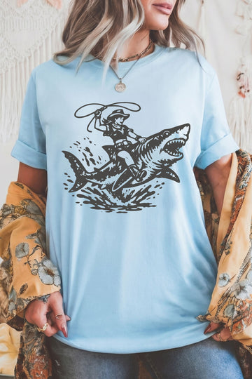 Light Blue Western Print Shark Cowboy T Shirt