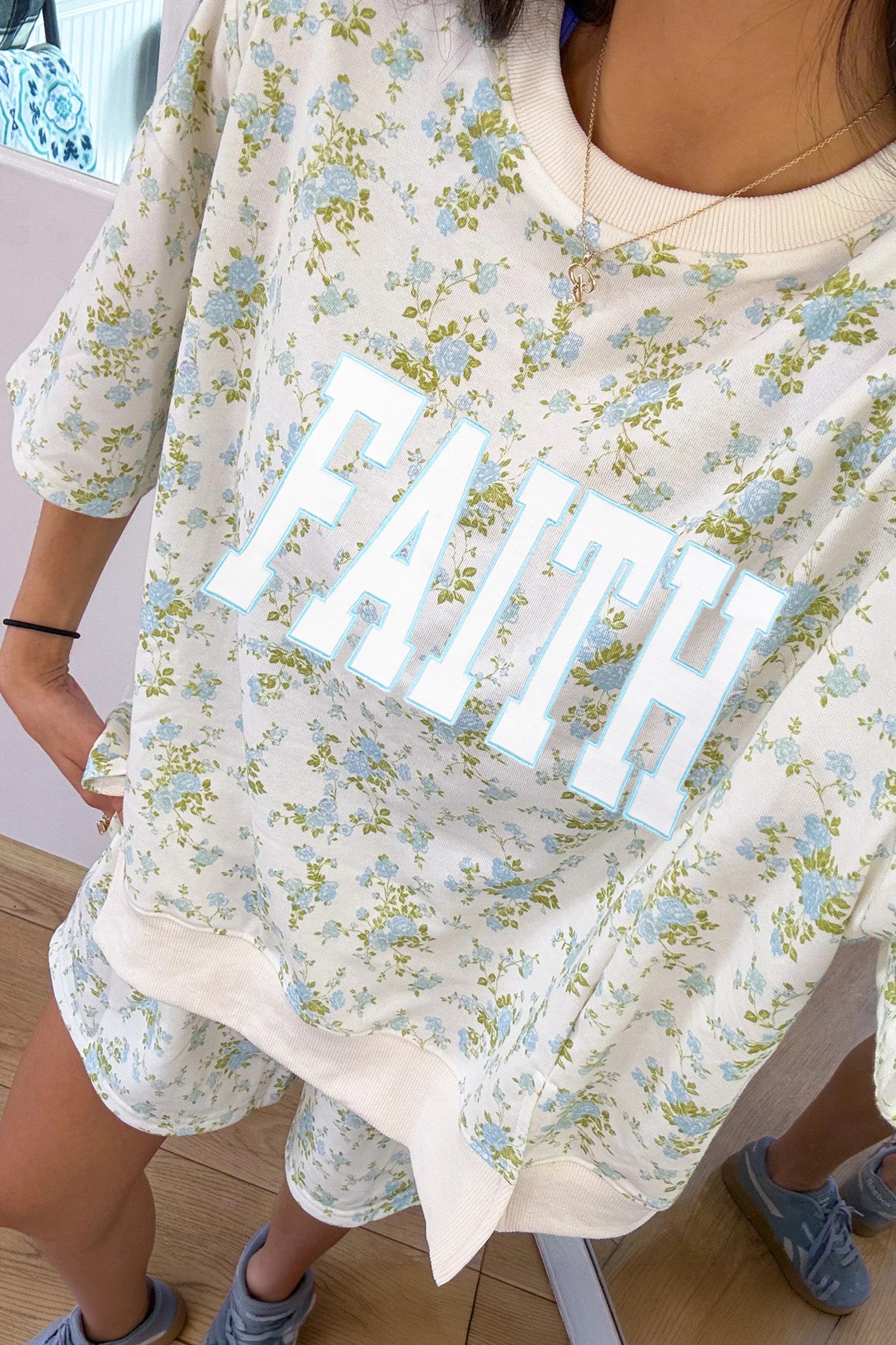 Sky Blue Floral Print FAITH Graphic Short Sleeve Top Loose Short Set