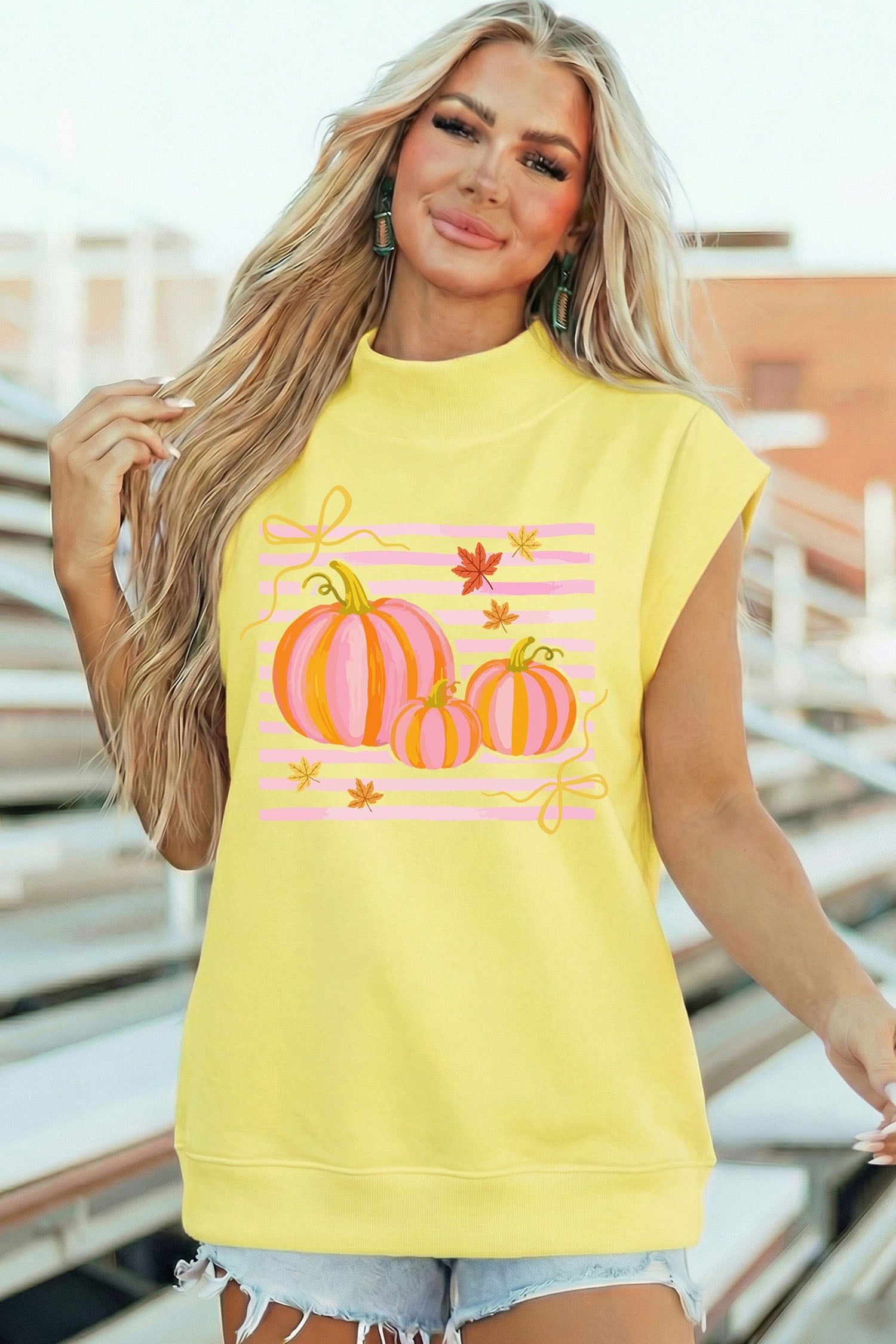 Yellow Pumpkin Striped Print High Neck Cap Sleeve Top