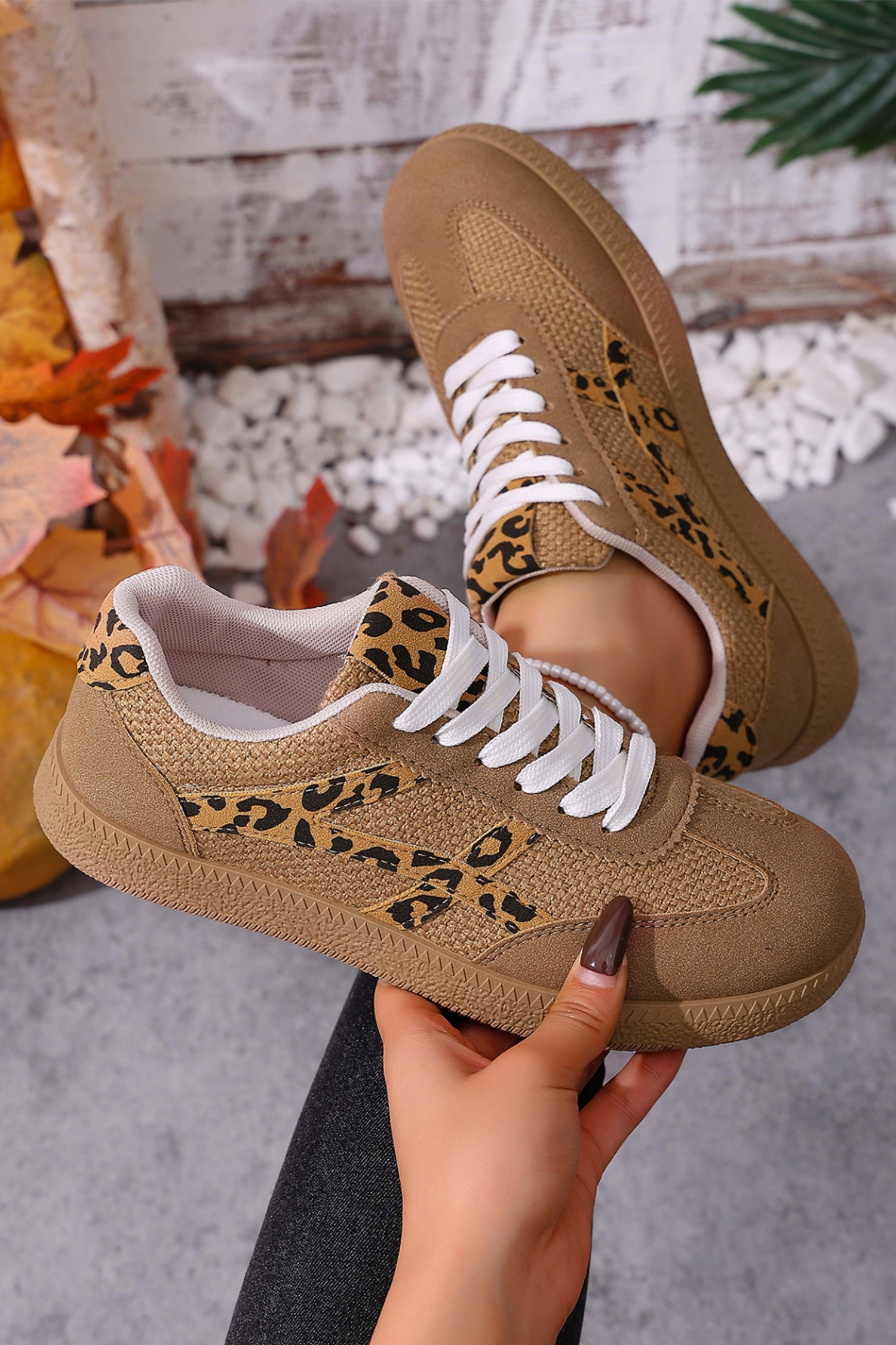 Coffee Faux Suede Contrast Patchwork Detail Lace Up Flat Sneakers