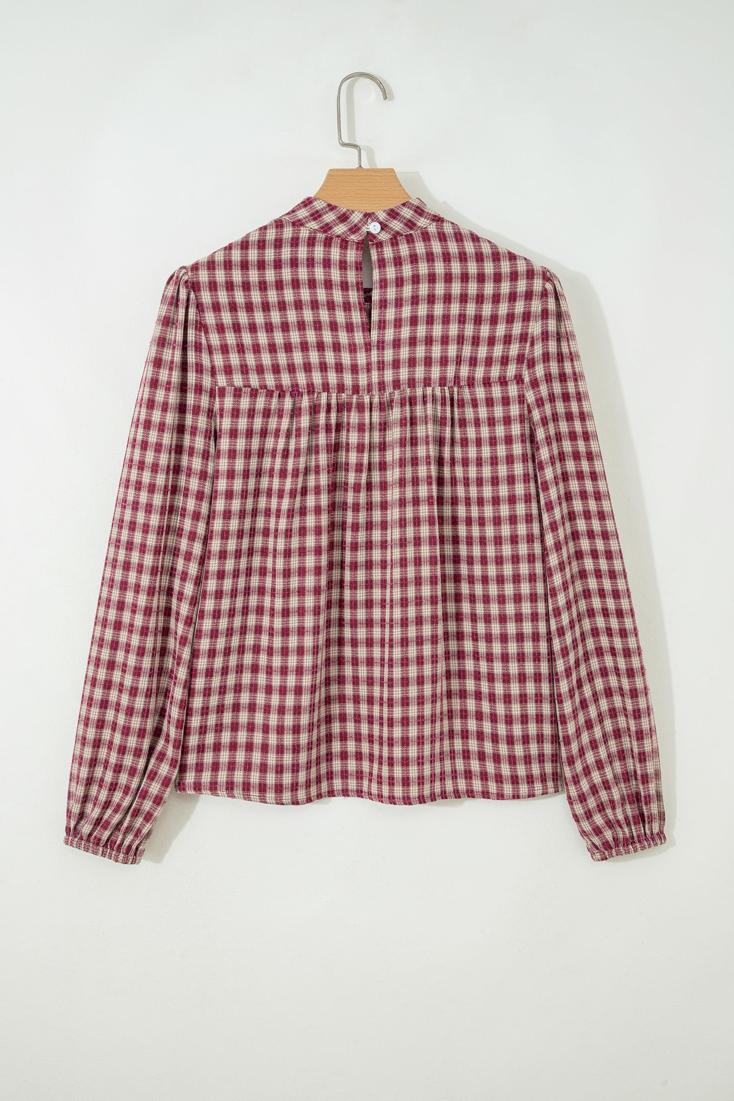 Coral Country Plaid Long Sleeve Button Keyhole Pleated Loose Blouse