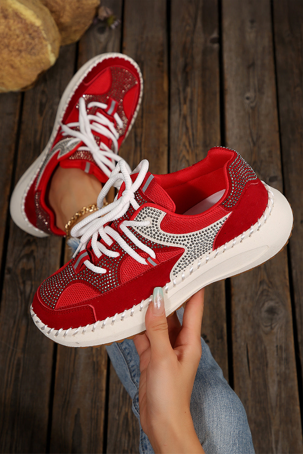 Fiery Red Rhinestone Embellished Color Block Patchwork Lace-up Breathable Sneakers