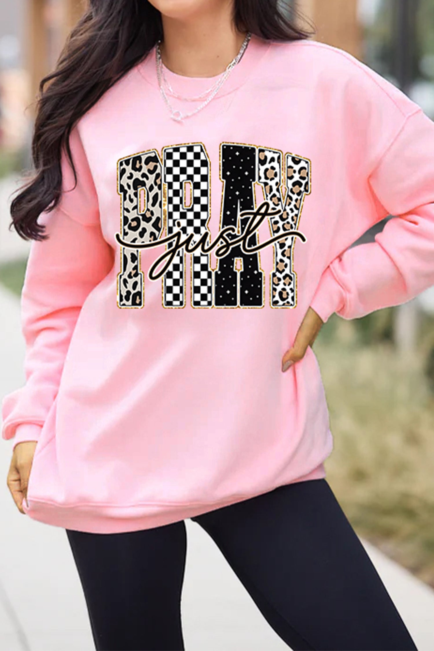 Pink Just PRAY Unique Letter Graphic Round Neck Pullover Sweatshirt