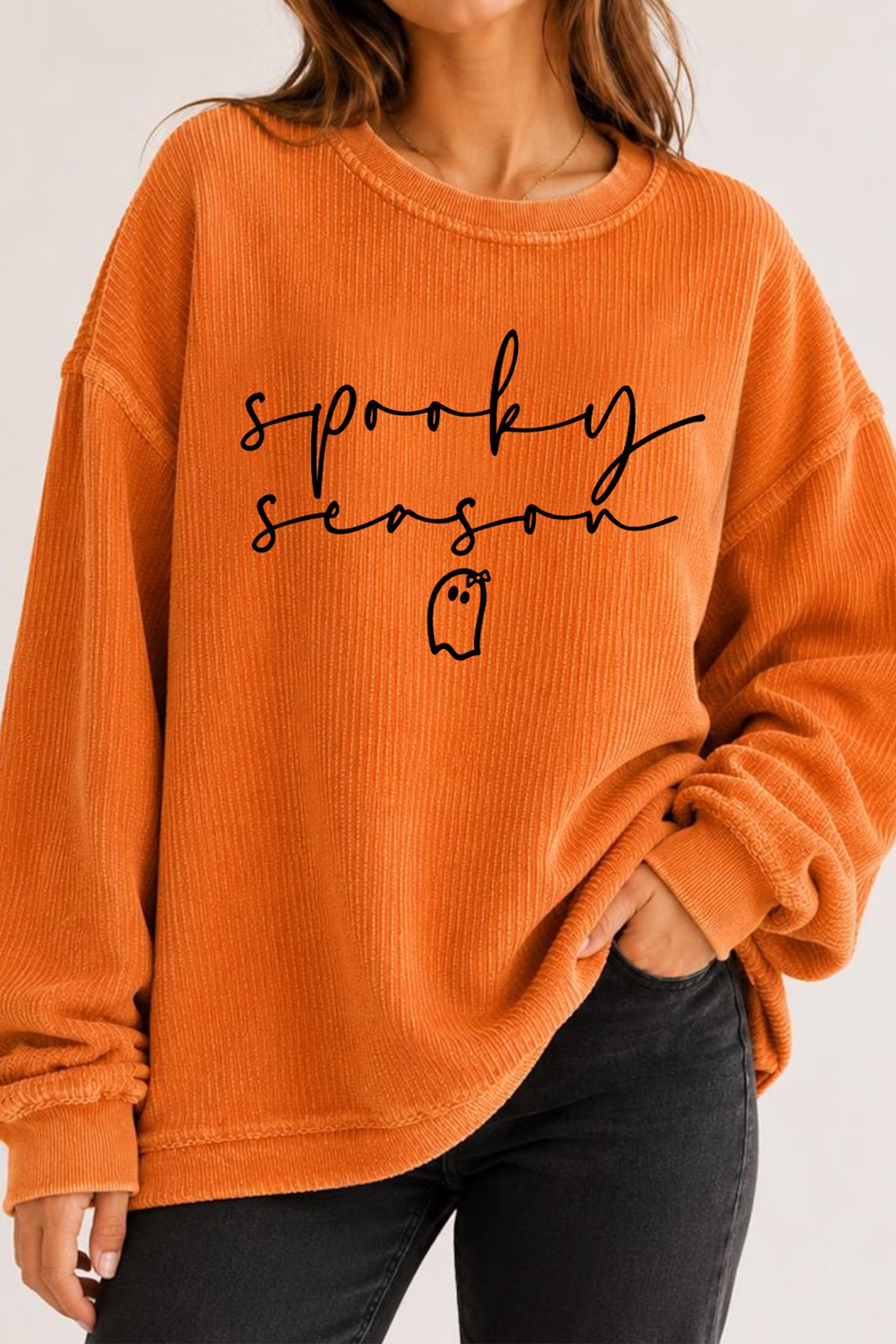 Orange Spooky Season Ghost Letter Print Cozy Ribbed Pullover Sweatshirt