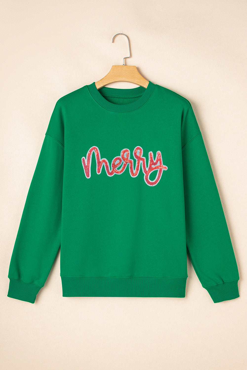 Dark Green merry Sequin Letter Patched Drop Shoulder Baggy Sweatshirt