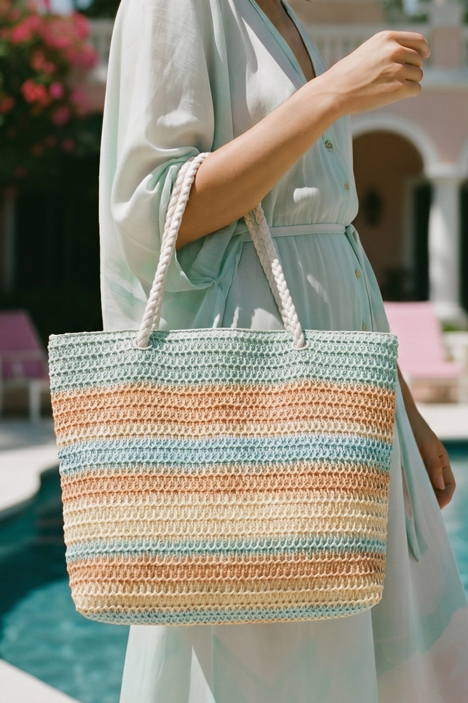 White Striped Color Block Woven Straw Tote Bag